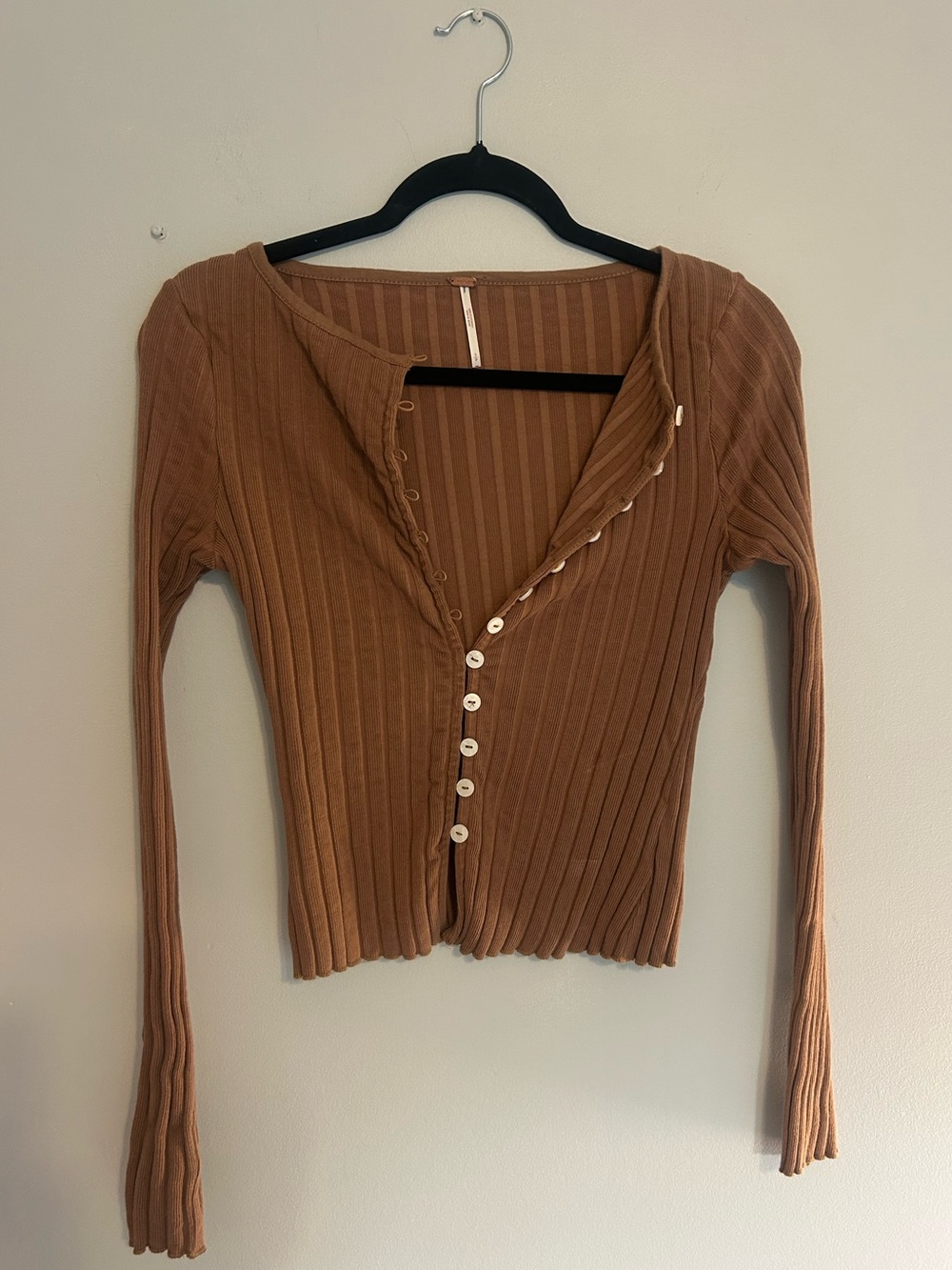Free People Tilly Long Sleeve Ribbed Button-Front Top in Brown